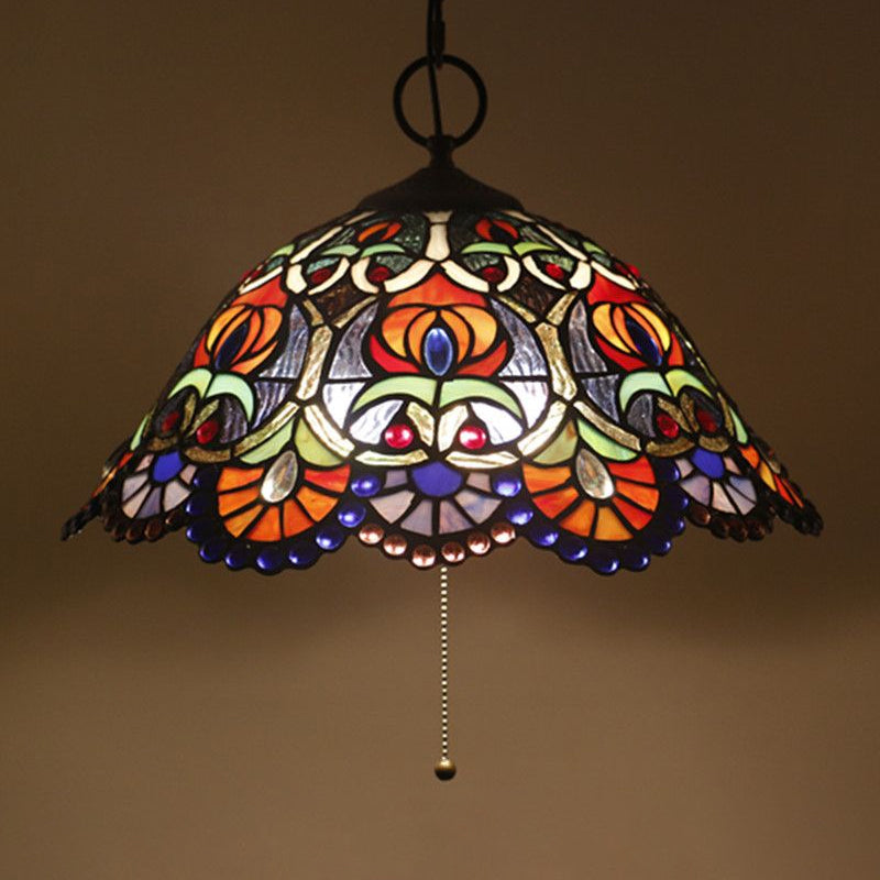 Hand-Crafted Glass Black Chandelier Domed 3 Lights Mediterranean Pendant Lamp with Plant Pattern Black I Clearhalo 'Ceiling Lights' 'Chandeliers' 'Industrial' 'Middle Century Chandeliers' 'Pendant Lights' 'Tiffany Chandeliers' 'Tiffany close to ceiling' 'Tiffany' Lighting' 2029498