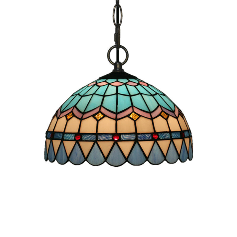 Lattice Bowl Pendulum Light Tiffany Stained Glass 1-Light Blue Suspension Lamp for Dining Room Clearhalo 'Art Deco Pendants' 'Cast Iron' 'Ceiling Lights' 'Ceramic' 'Crystal' 'Industrial' 'Metal' 'Middle Century Pendants' 'Pendant Lights' 'Pendants' 'Tiffany close to ceiling' 'Tiffany Pendants' 'Tiffany' Lighting' 2029509