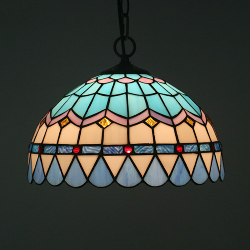 Lattice Bowl Pendulum Light Tiffany Stained Glass 1-Light Blue Suspension Lamp for Dining Room Blue Large Chain Clearhalo 'Art Deco Pendants' 'Cast Iron' 'Ceiling Lights' 'Ceramic' 'Crystal' 'Industrial' 'Metal' 'Middle Century Pendants' 'Pendant Lights' 'Pendants' 'Tiffany close to ceiling' 'Tiffany Pendants' 'Tiffany' Lighting' 2029511