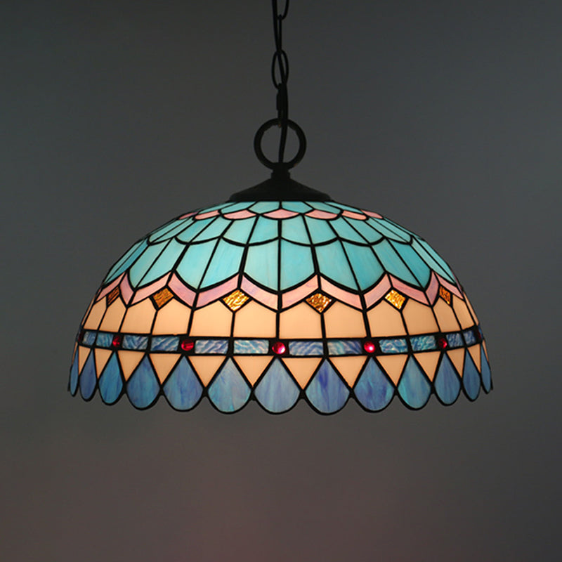 Lattice Bowl Pendulum Light Tiffany Stained Glass 1-Light Blue Suspension Lamp for Dining Room Clearhalo 'Art Deco Pendants' 'Cast Iron' 'Ceiling Lights' 'Ceramic' 'Crystal' 'Industrial' 'Metal' 'Middle Century Pendants' 'Pendant Lights' 'Pendants' 'Tiffany close to ceiling' 'Tiffany Pendants' 'Tiffany' Lighting' 2029512
