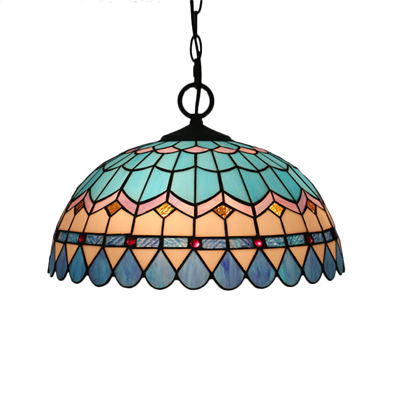 Lattice Bowl Pendulum Light Tiffany Stained Glass 1-Light Blue Suspension Lamp for Dining Room Clearhalo 'Art Deco Pendants' 'Cast Iron' 'Ceiling Lights' 'Ceramic' 'Crystal' 'Industrial' 'Metal' 'Middle Century Pendants' 'Pendant Lights' 'Pendants' 'Tiffany close to ceiling' 'Tiffany Pendants' 'Tiffany' Lighting' 2029513