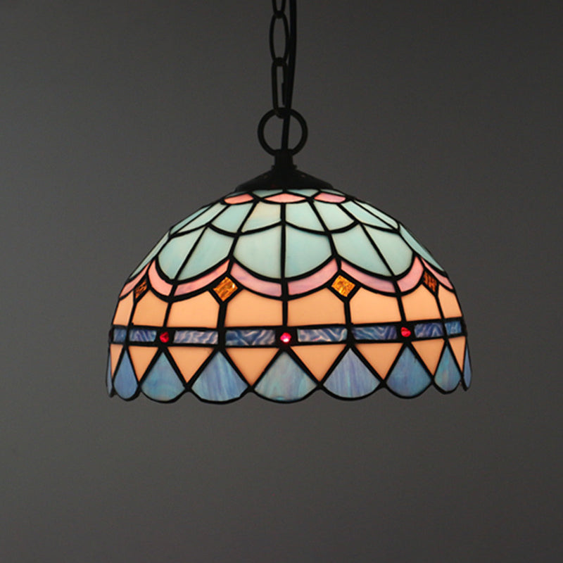 Lattice Bowl Pendulum Light Tiffany Stained Glass 1-Light Blue Suspension Lamp for Dining Room Blue Small Chain Clearhalo 'Art Deco Pendants' 'Cast Iron' 'Ceiling Lights' 'Ceramic' 'Crystal' 'Industrial' 'Metal' 'Middle Century Pendants' 'Pendant Lights' 'Pendants' 'Tiffany close to ceiling' 'Tiffany Pendants' 'Tiffany' Lighting' 2029515