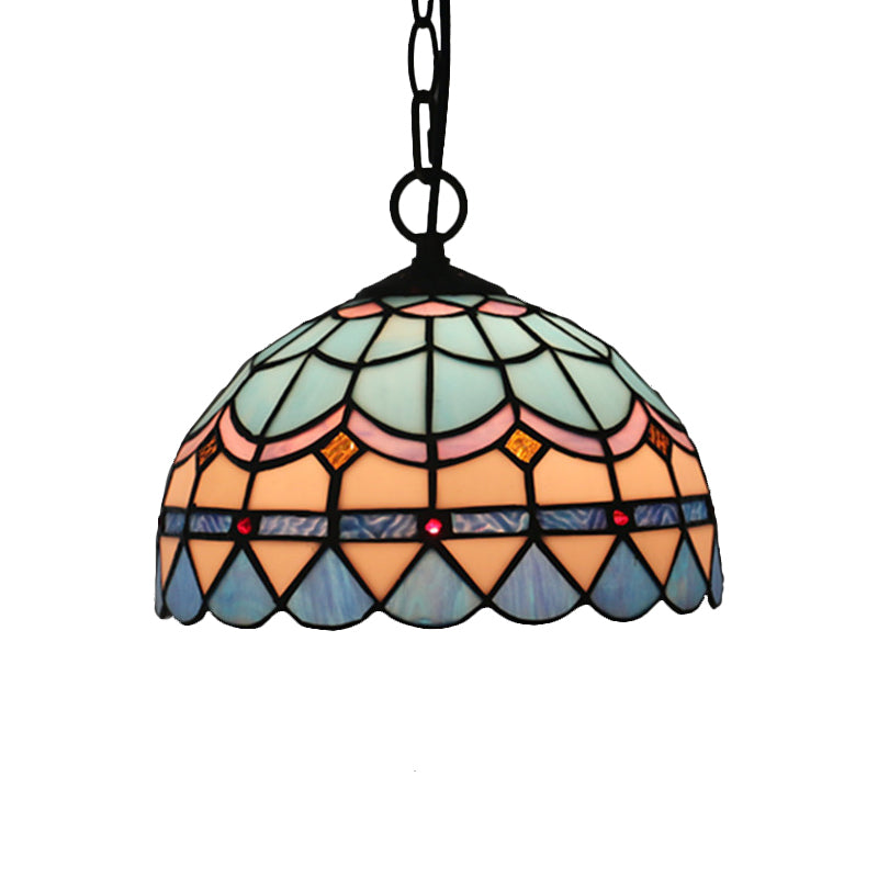 Lattice Bowl Pendulum Light Tiffany Stained Glass 1-Light Blue Suspension Lamp for Dining Room Clearhalo 'Art Deco Pendants' 'Cast Iron' 'Ceiling Lights' 'Ceramic' 'Crystal' 'Industrial' 'Metal' 'Middle Century Pendants' 'Pendant Lights' 'Pendants' 'Tiffany close to ceiling' 'Tiffany Pendants' 'Tiffany' Lighting' 2029516