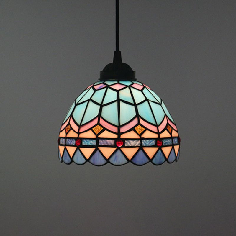 Lattice Bowl Pendulum Light Tiffany Stained Glass 1-Light Blue Suspension Lamp for Dining Room Blue Small Cord Clearhalo 'Art Deco Pendants' 'Cast Iron' 'Ceiling Lights' 'Ceramic' 'Crystal' 'Industrial' 'Metal' 'Middle Century Pendants' 'Pendant Lights' 'Pendants' 'Tiffany close to ceiling' 'Tiffany Pendants' 'Tiffany' Lighting' 2029518