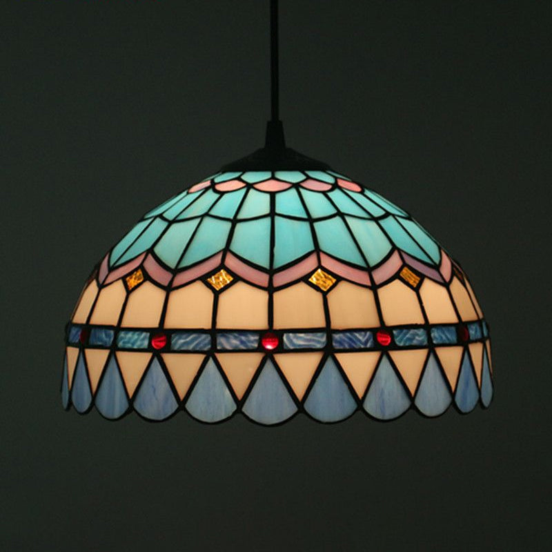 Lattice Bowl Pendulum Light Tiffany Stained Glass 1-Light Blue Suspension Lamp for Dining Room Blue Large Cord Clearhalo 'Art Deco Pendants' 'Cast Iron' 'Ceiling Lights' 'Ceramic' 'Crystal' 'Industrial' 'Metal' 'Middle Century Pendants' 'Pendant Lights' 'Pendants' 'Tiffany close to ceiling' 'Tiffany Pendants' 'Tiffany' Lighting' 2029522