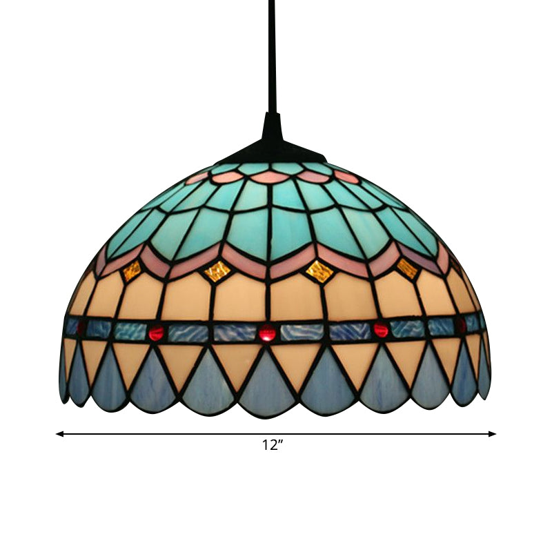 Lattice Bowl Pendulum Light Tiffany Stained Glass 1-Light Blue Suspension Lamp for Dining Room Clearhalo 'Art Deco Pendants' 'Cast Iron' 'Ceiling Lights' 'Ceramic' 'Crystal' 'Industrial' 'Metal' 'Middle Century Pendants' 'Pendant Lights' 'Pendants' 'Tiffany close to ceiling' 'Tiffany Pendants' 'Tiffany' Lighting' 2029523