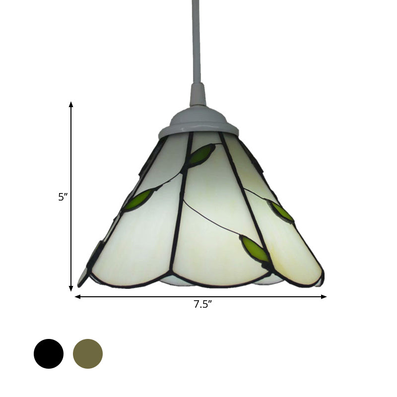 White Glass Cone Hanging Light Kit Mission 1 Light Bronze Leaf Patterned Pendant Lamp with Scalloped Trim Clearhalo 'Art Deco Pendants' 'Cast Iron' 'Ceiling Lights' 'Ceramic' 'Crystal' 'Industrial' 'Metal' 'Middle Century Pendants' 'Pendant Lights' 'Pendants' 'Tiffany close to ceiling' 'Tiffany Pendants' 'Tiffany' Lighting' 2029544