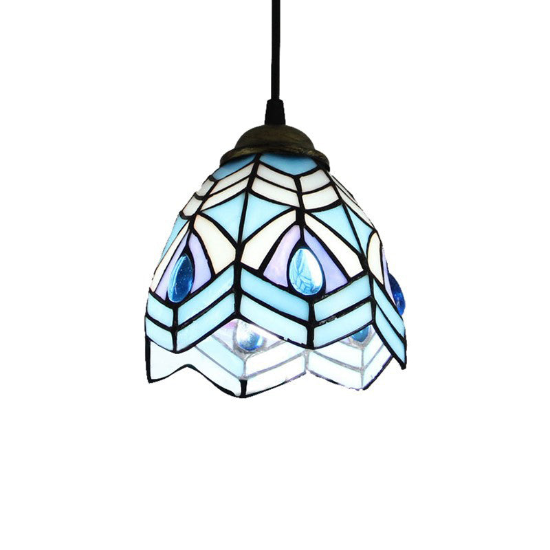 Brass Bell Shade Pendant Light Fixture Baroque 1-Light Handcrafted Stained Glass Drop Lamp Blue Clearhalo 'Art Deco Pendants' 'Cast Iron' 'Ceiling Lights' 'Ceramic' 'Crystal' 'Industrial' 'Metal' 'Middle Century Pendants' 'Pendant Lights' 'Pendants' 'Tiffany close to ceiling' 'Tiffany Pendants' 'Tiffany' Lighting' 2029552