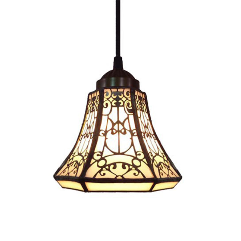Brass Bell Shade Pendant Light Fixture Baroque 1-Light Handcrafted Stained Glass Drop Lamp White Clearhalo 'Art Deco Pendants' 'Cast Iron' 'Ceiling Lights' 'Ceramic' 'Crystal' 'Industrial' 'Metal' 'Middle Century Pendants' 'Pendant Lights' 'Pendants' 'Tiffany close to ceiling' 'Tiffany Pendants' 'Tiffany' Lighting' 2029554