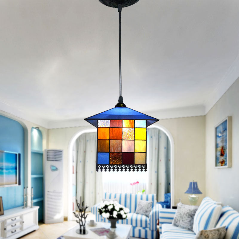 1-Light House Shaped Ceiling Pendant Mediterranean Blue Stained Glass Suspension Lighting Blue Cord Clearhalo 'Art Deco Pendants' 'Cast Iron' 'Ceiling Lights' 'Ceramic' 'Crystal' 'Industrial' 'Metal' 'Middle Century Pendants' 'Pendant Lights' 'Pendants' 'Tiffany close to ceiling' 'Tiffany Pendants' 'Tiffany' Lighting' 2029555