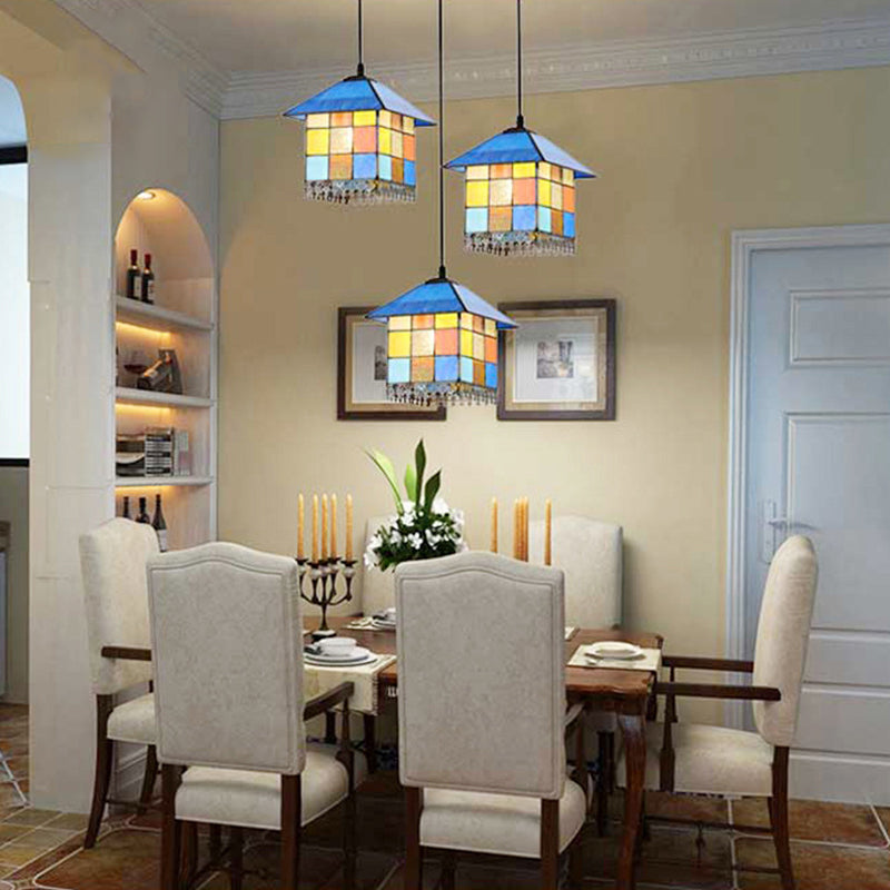 1-Light House Shaped Ceiling Pendant Mediterranean Blue Stained Glass Suspension Lighting Clearhalo 'Art Deco Pendants' 'Cast Iron' 'Ceiling Lights' 'Ceramic' 'Crystal' 'Industrial' 'Metal' 'Middle Century Pendants' 'Pendant Lights' 'Pendants' 'Tiffany close to ceiling' 'Tiffany Pendants' 'Tiffany' Lighting' 2029556