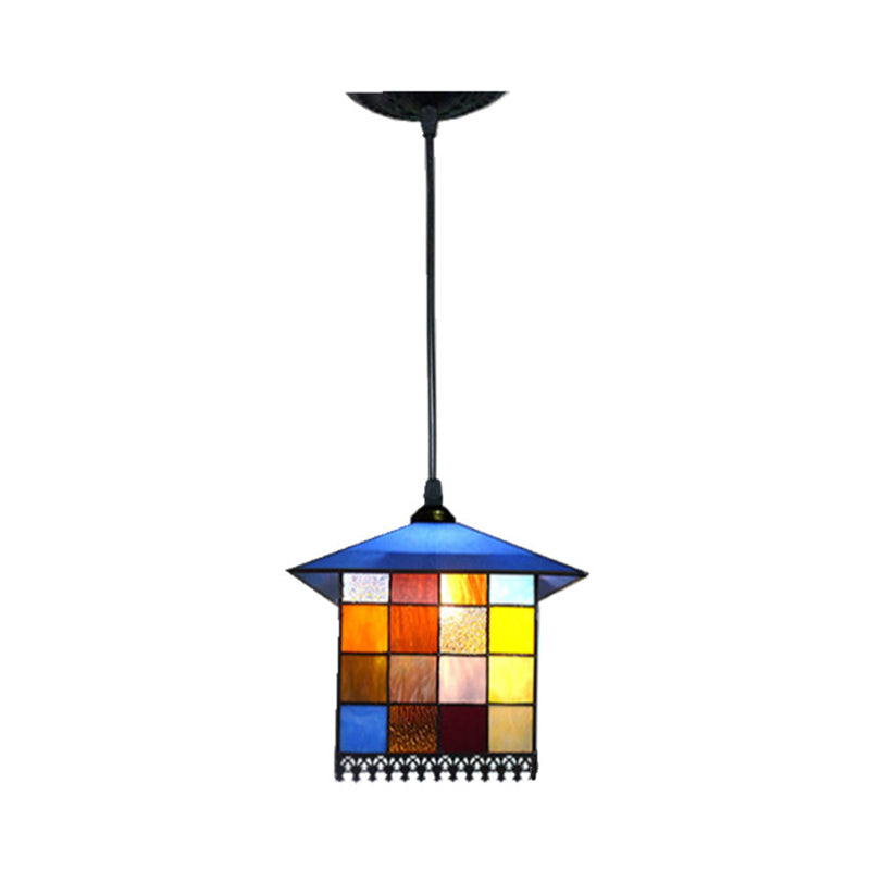 1-Light House Shaped Ceiling Pendant Mediterranean Blue Stained Glass Suspension Lighting Clearhalo 'Art Deco Pendants' 'Cast Iron' 'Ceiling Lights' 'Ceramic' 'Crystal' 'Industrial' 'Metal' 'Middle Century Pendants' 'Pendant Lights' 'Pendants' 'Tiffany close to ceiling' 'Tiffany Pendants' 'Tiffany' Lighting' 2029557