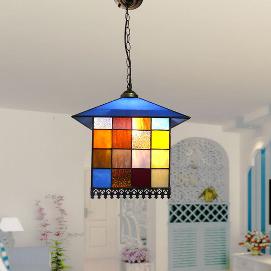 1-Light House Shaped Ceiling Pendant Mediterranean Blue Stained Glass Suspension Lighting Blue Chain Clearhalo 'Art Deco Pendants' 'Cast Iron' 'Ceiling Lights' 'Ceramic' 'Crystal' 'Industrial' 'Metal' 'Middle Century Pendants' 'Pendant Lights' 'Pendants' 'Tiffany close to ceiling' 'Tiffany Pendants' 'Tiffany' Lighting' 2029559