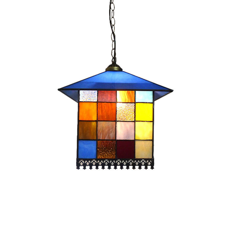 1-Light House Shaped Ceiling Pendant Mediterranean Blue Stained Glass Suspension Lighting Clearhalo 'Art Deco Pendants' 'Cast Iron' 'Ceiling Lights' 'Ceramic' 'Crystal' 'Industrial' 'Metal' 'Middle Century Pendants' 'Pendant Lights' 'Pendants' 'Tiffany close to ceiling' 'Tiffany Pendants' 'Tiffany' Lighting' 2029560