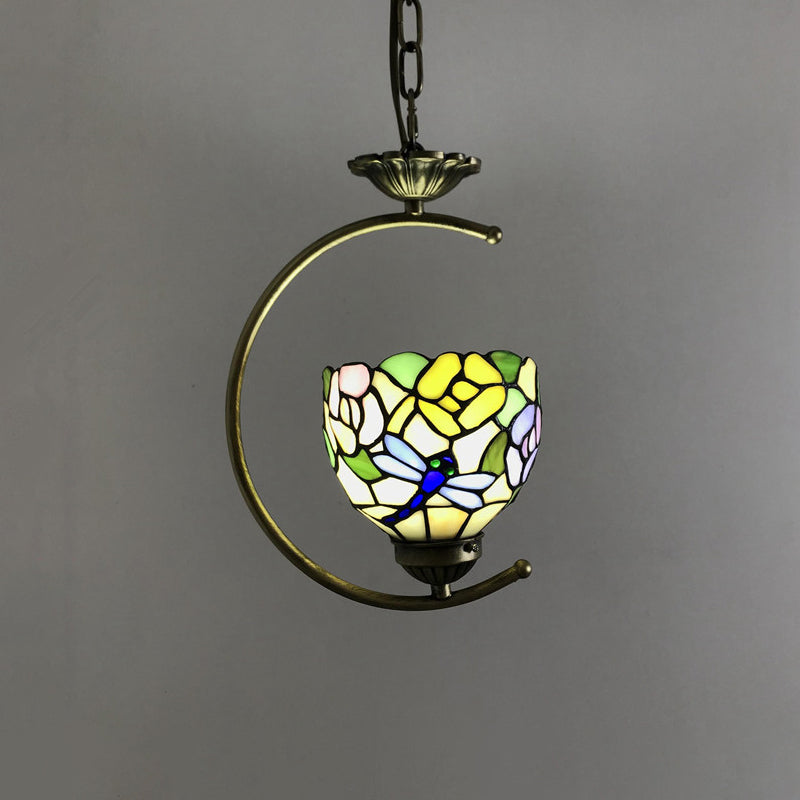 Bronze 1-Head Pendant Light Kit Baroque Metal C-Frame Hanging Lighting with Geometry Cut Glass Shade Yellow-Green Clearhalo 'Art Deco Pendants' 'Cast Iron' 'Ceiling Lights' 'Ceramic' 'Crystal' 'Industrial' 'Metal' 'Middle Century Pendants' 'Pendant Lights' 'Pendants' 'Tiffany close to ceiling' 'Tiffany Pendants' 'Tiffany' Lighting' 2029581