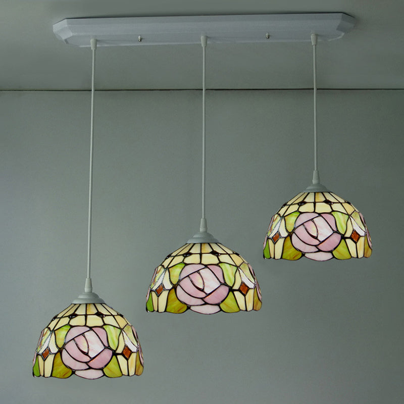 Dome Stained Glass Pendulum Light Victorian 3 Heads White Rose Patterned Cluster Pendant Light for Dining Room Clearhalo 'Art Deco Pendants' 'Cast Iron' 'Ceiling Lights' 'Ceramic' 'Crystal' 'Industrial' 'Metal' 'Middle Century Pendants' 'Pendant Lights' 'Pendants' 'Tiffany close to ceiling' 'Tiffany Pendants' 'Tiffany' Lighting' 2029588