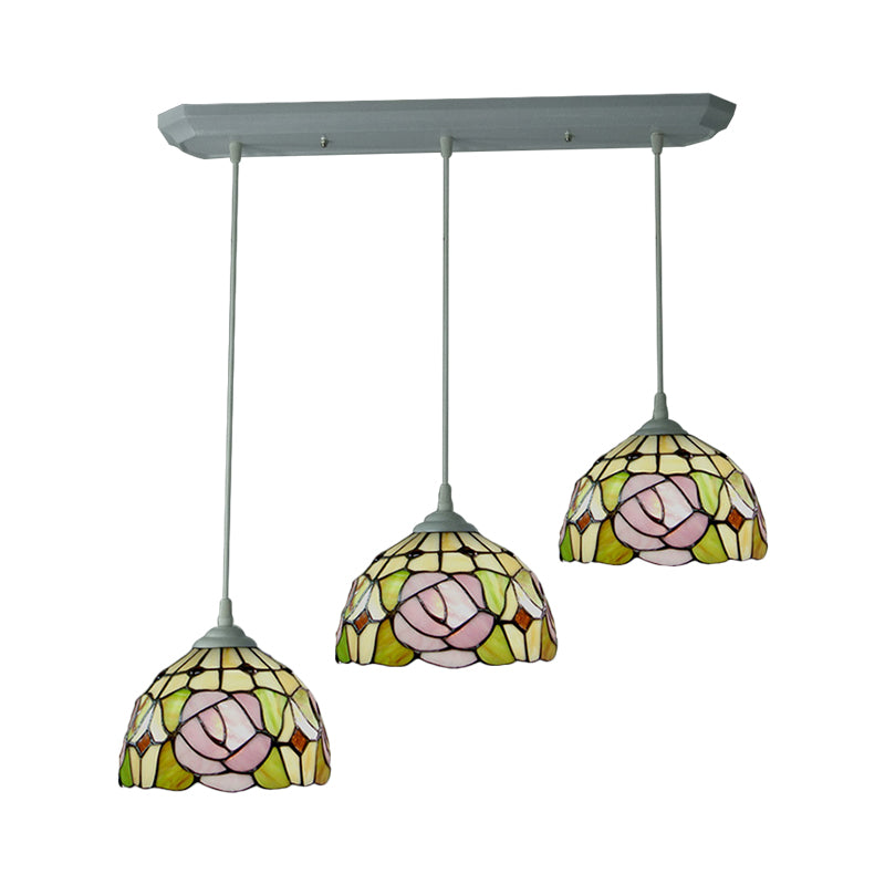 Dome Stained Glass Pendulum Light Victorian 3 Heads White Rose Patterned Cluster Pendant Light for Dining Room Clearhalo 'Art Deco Pendants' 'Cast Iron' 'Ceiling Lights' 'Ceramic' 'Crystal' 'Industrial' 'Metal' 'Middle Century Pendants' 'Pendant Lights' 'Pendants' 'Tiffany close to ceiling' 'Tiffany Pendants' 'Tiffany' Lighting' 2029589