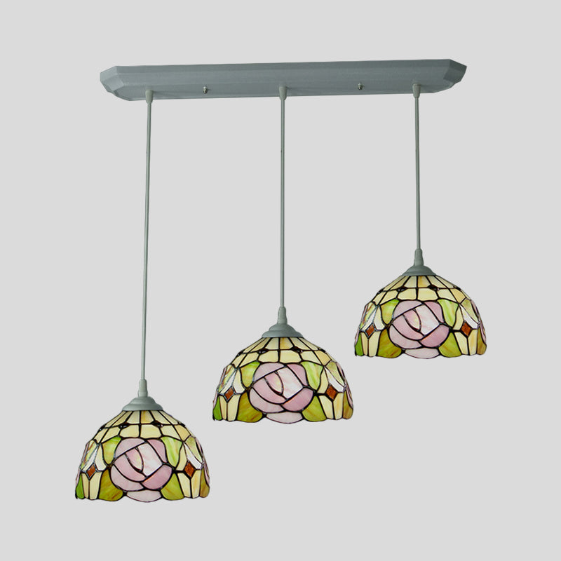 Dome Stained Glass Pendulum Light Victorian 3 Heads White Rose Patterned Cluster Pendant Light for Dining Room Clearhalo 'Art Deco Pendants' 'Cast Iron' 'Ceiling Lights' 'Ceramic' 'Crystal' 'Industrial' 'Metal' 'Middle Century Pendants' 'Pendant Lights' 'Pendants' 'Tiffany close to ceiling' 'Tiffany Pendants' 'Tiffany' Lighting' 2029590