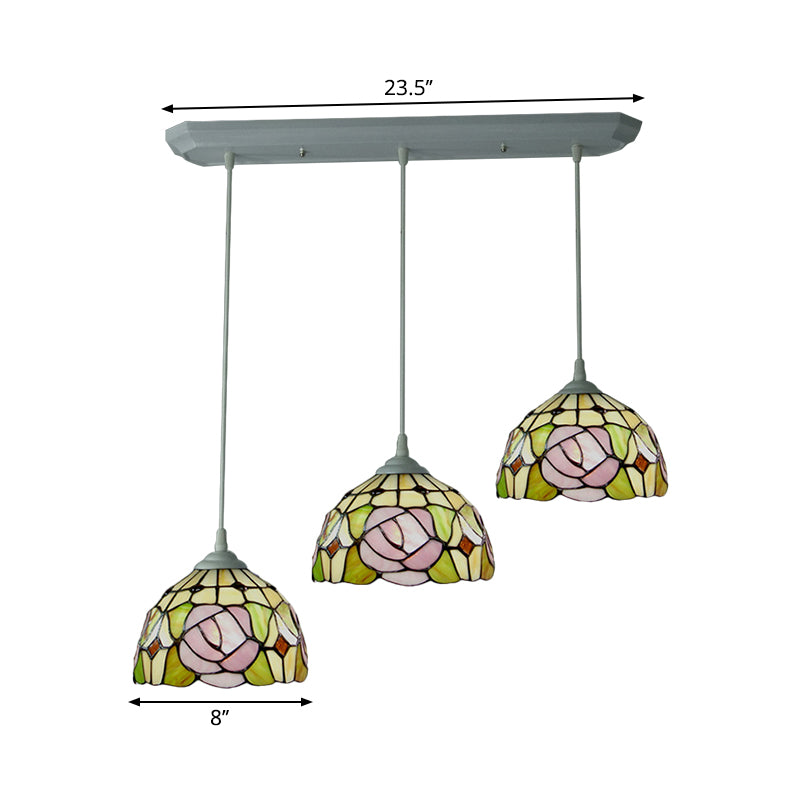 Dome Stained Glass Pendulum Light Victorian 3 Heads White Rose Patterned Cluster Pendant Light for Dining Room Clearhalo 'Art Deco Pendants' 'Cast Iron' 'Ceiling Lights' 'Ceramic' 'Crystal' 'Industrial' 'Metal' 'Middle Century Pendants' 'Pendant Lights' 'Pendants' 'Tiffany close to ceiling' 'Tiffany Pendants' 'Tiffany' Lighting' 2029591