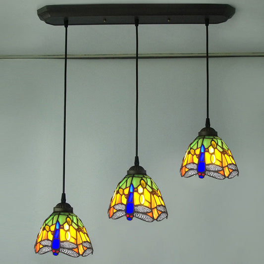 Cut Glass Drop Lamp Dome 3 Bulbs Mediterranean Pendant Lighting Fixture with Dragonfly Pattern Black Orange Clearhalo 'Art Deco Pendants' 'Cast Iron' 'Ceiling Lights' 'Ceramic' 'Crystal' 'Industrial' 'Metal' 'Middle Century Pendants' 'Pendant Lights' 'Pendants' 'Tiffany close to ceiling' 'Tiffany Pendants' 'Tiffany' Lighting' 2029592