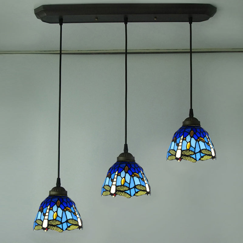 Cut Glass Drop Lamp Dome 3 Bulbs Mediterranean Pendant Lighting Fixture with Dragonfly Pattern Black Blue Clearhalo 'Art Deco Pendants' 'Cast Iron' 'Ceiling Lights' 'Ceramic' 'Crystal' 'Industrial' 'Metal' 'Middle Century Pendants' 'Pendant Lights' 'Pendants' 'Tiffany close to ceiling' 'Tiffany Pendants' 'Tiffany' Lighting' 2029593