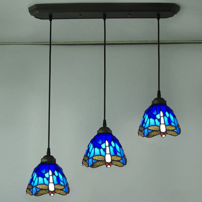 Cut Glass Drop Lamp Dome 3 Bulbs Mediterranean Pendant Lighting Fixture with Dragonfly Pattern Clearhalo 'Art Deco Pendants' 'Cast Iron' 'Ceiling Lights' 'Ceramic' 'Crystal' 'Industrial' 'Metal' 'Middle Century Pendants' 'Pendant Lights' 'Pendants' 'Tiffany close to ceiling' 'Tiffany Pendants' 'Tiffany' Lighting' 2029594
