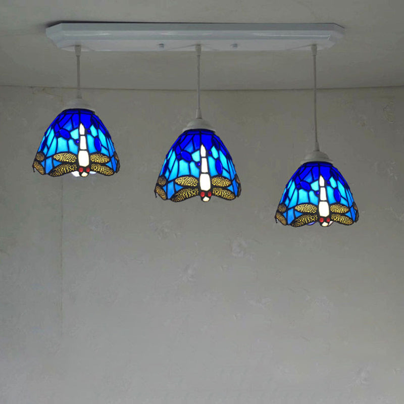 Cut Glass Drop Lamp Dome 3 Bulbs Mediterranean Pendant Lighting Fixture with Dragonfly Pattern White Blue Clearhalo 'Art Deco Pendants' 'Cast Iron' 'Ceiling Lights' 'Ceramic' 'Crystal' 'Industrial' 'Metal' 'Middle Century Pendants' 'Pendant Lights' 'Pendants' 'Tiffany close to ceiling' 'Tiffany Pendants' 'Tiffany' Lighting' 2029599