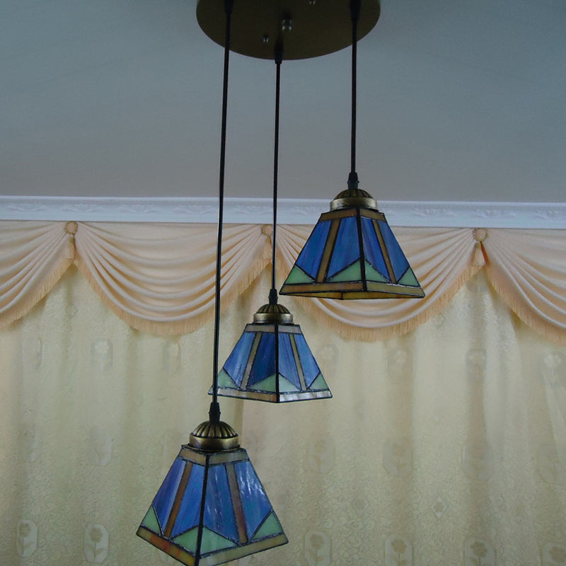 Trapezoid Hanging Pendant Light Stained Art Glass Mission Style Down Lighting in Blue Clearhalo 'Art Deco Pendants' 'Cast Iron' 'Ceiling Lights' 'Ceramic' 'Crystal' 'Industrial' 'Metal' 'Middle Century Pendants' 'Pendant Lights' 'Pendants' 'Tiffany close to ceiling' 'Tiffany Pendants' 'Tiffany' Lighting' 2029602