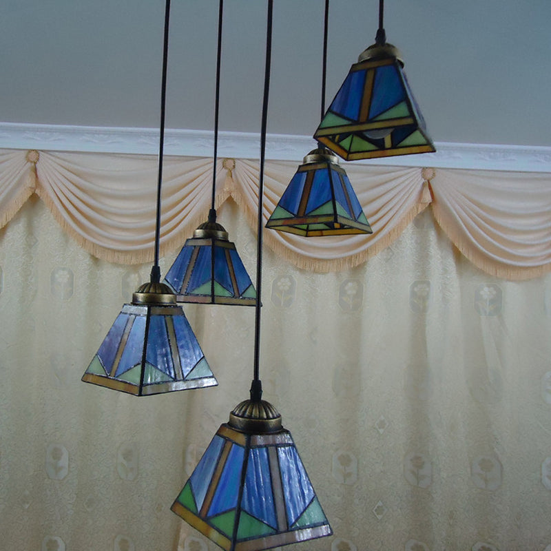 Trapezoid Hanging Pendant Light Stained Art Glass Mission Style Down Lighting in Blue Clearhalo 'Art Deco Pendants' 'Cast Iron' 'Ceiling Lights' 'Ceramic' 'Crystal' 'Industrial' 'Metal' 'Middle Century Pendants' 'Pendant Lights' 'Pendants' 'Tiffany close to ceiling' 'Tiffany Pendants' 'Tiffany' Lighting' 2029604