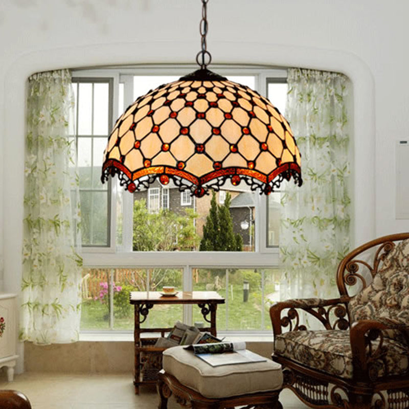 Scalloped Pendant Ceiling Light Tiffany Stained Glass 1 Light White Jewelry Suspension Lamp for Dining Room Clearhalo 'Ceiling Lights' 'Chandeliers' 'Close To Ceiling Lights' 'Industrial' 'Middle Century Chandeliers' 'Tiffany Chandeliers' 'Tiffany close to ceiling' 'Tiffany' Lighting' 2029611