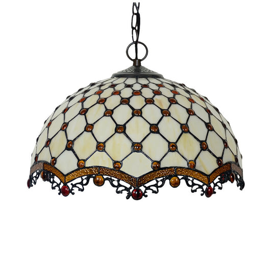 Scalloped Pendant Ceiling Light Tiffany Stained Glass 1 Light White Jewelry Suspension Lamp for Dining Room Clearhalo 'Ceiling Lights' 'Chandeliers' 'Close To Ceiling Lights' 'Industrial' 'Middle Century Chandeliers' 'Tiffany Chandeliers' 'Tiffany close to ceiling' 'Tiffany' Lighting' 2029612
