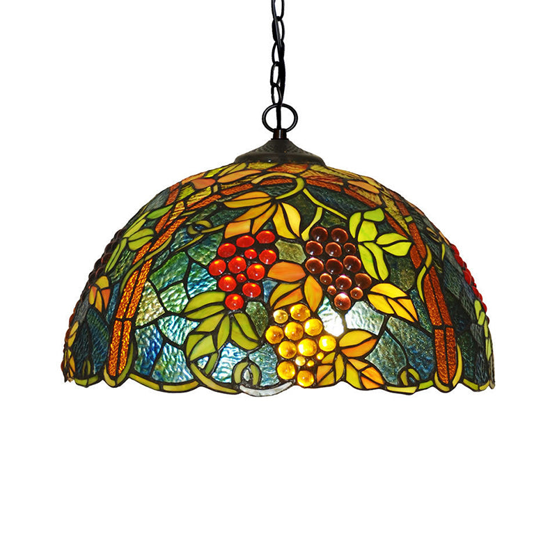 2-Bulb Domed Chandelier Light Fixture Tiffany Green Cut Glass Pendant Light with Grape Pattern Clearhalo 'Ceiling Lights' 'Chandeliers' 'Industrial' 'Middle Century Chandeliers' 'Pendant Lights' 'Tiffany Chandeliers' 'Tiffany close to ceiling' 'Tiffany' Lighting' 2029622