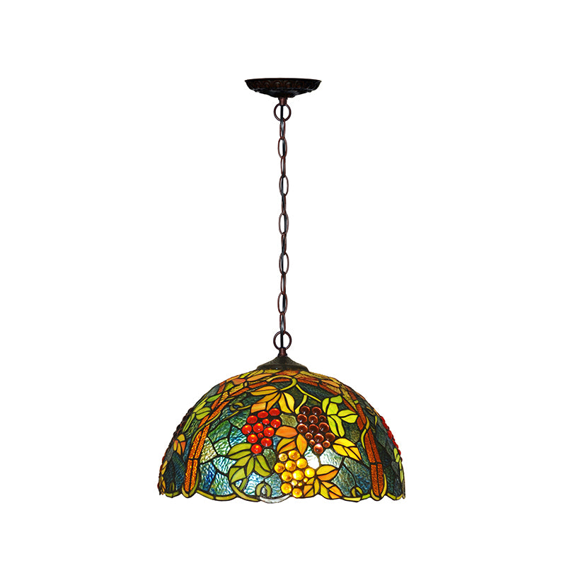 2-Bulb Domed Chandelier Light Fixture Tiffany Green Cut Glass Pendant Light with Grape Pattern Clearhalo 'Ceiling Lights' 'Chandeliers' 'Industrial' 'Middle Century Chandeliers' 'Pendant Lights' 'Tiffany Chandeliers' 'Tiffany close to ceiling' 'Tiffany' Lighting' 2029623