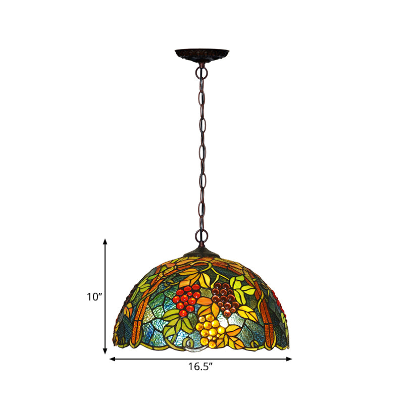 2-Bulb Domed Chandelier Light Fixture Tiffany Green Cut Glass Pendant Light with Grape Pattern Clearhalo 'Ceiling Lights' 'Chandeliers' 'Industrial' 'Middle Century Chandeliers' 'Pendant Lights' 'Tiffany Chandeliers' 'Tiffany close to ceiling' 'Tiffany' Lighting' 2029624