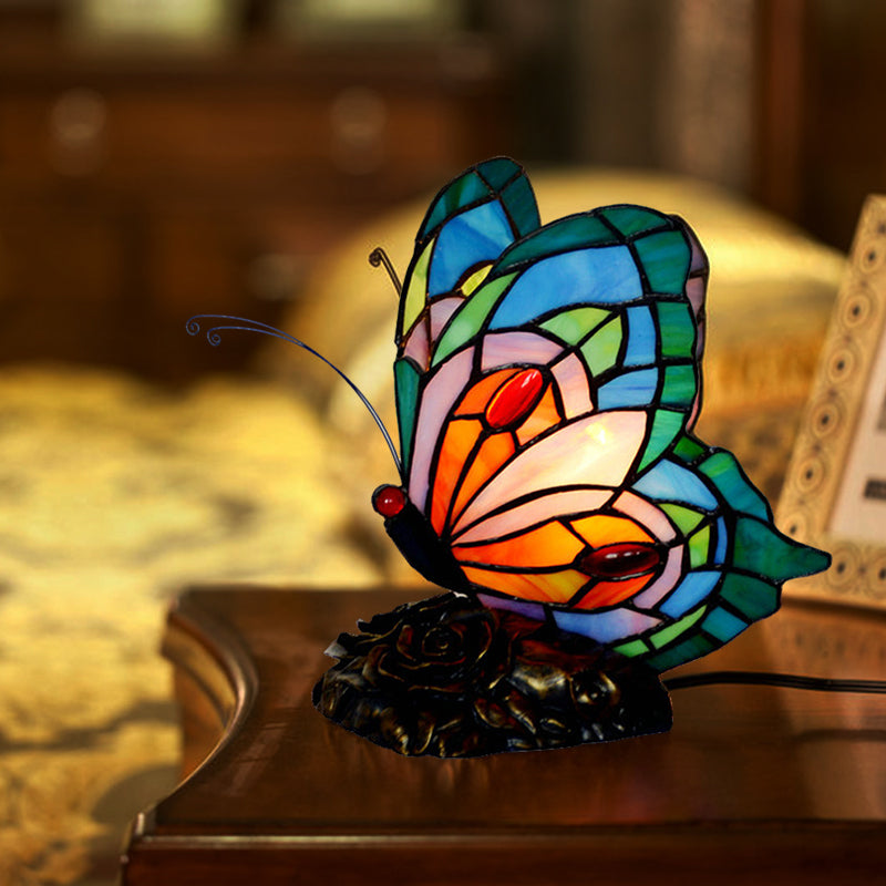 Victorian Butterfly Nightstand Light 1 Light Stained Art Glass Table Lamp in Blue Clearhalo 'Lamps' 'Table Lamps' Lighting' 2029626