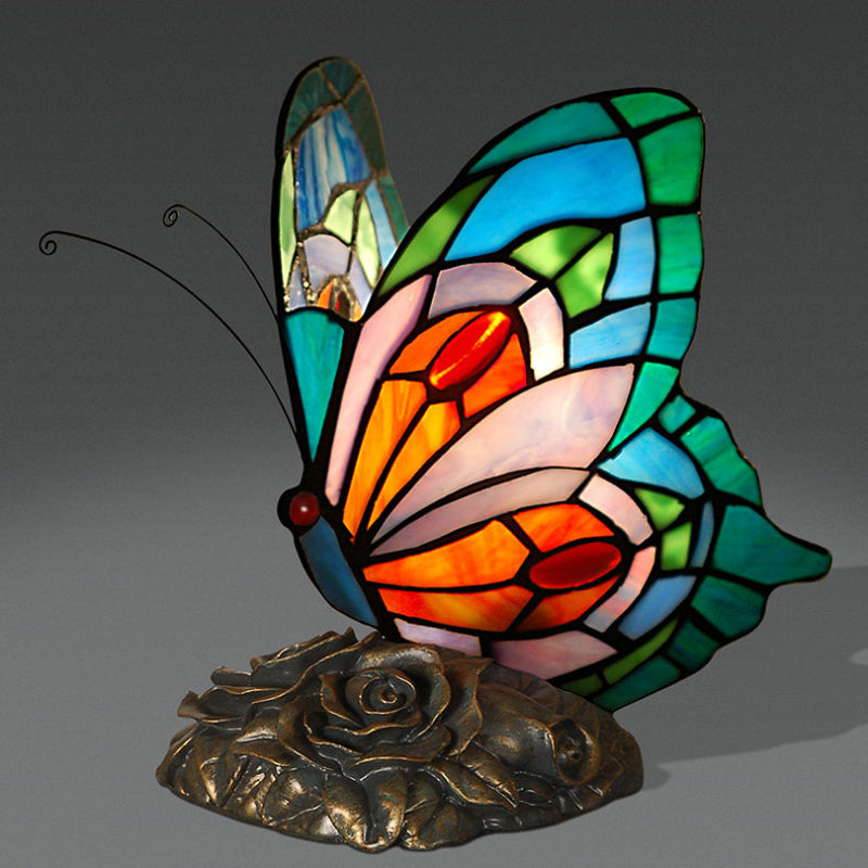 Victorian Butterfly Nightstand Light 1 Light Stained Art Glass Table Lamp in Blue Clearhalo 'Lamps' 'Table Lamps' Lighting' 2029627