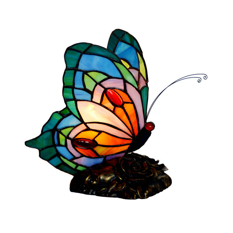 Victorian Butterfly Nightstand Light 1 Light Stained Art Glass Table Lamp in Blue Clearhalo 'Lamps' 'Table Lamps' Lighting' 2029628