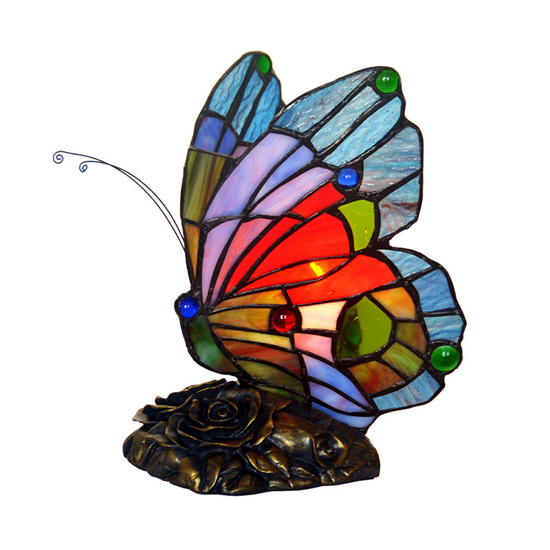 Blue Butterfly Nightstand Lighting Baroque 1 Light Cut Glass Night Lamp with Resin Rose Base Blue Clearhalo 'Lamps' 'Table Lamps' Lighting' 2029636