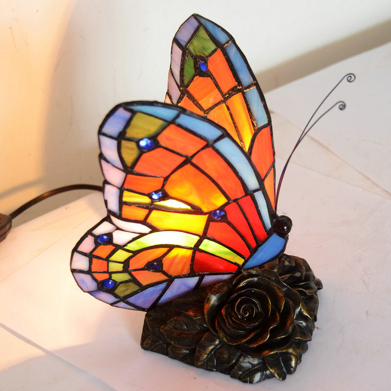 1 Head Butterfly Night Table Light Mediterranean Orange Hand Cut Glass Nightstand Lighting with Rose Base Clearhalo 'Lamps' 'Table Lamps' Lighting' 2029639