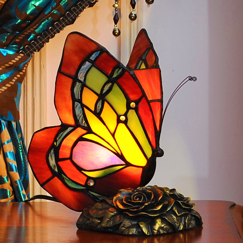 1 Light Night Light Victorian Flower Resin Table Lamp with Butterfly Cut Glass Shade in Red Red Clearhalo 'Lamps' 'Table Lamps' Lighting' 2029643