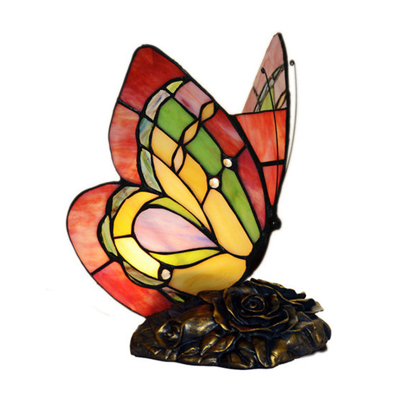 1 Light Night Light Victorian Flower Resin Table Lamp with Butterfly Cut Glass Shade in Red Clearhalo 'Lamps' 'Table Lamps' Lighting' 2029644