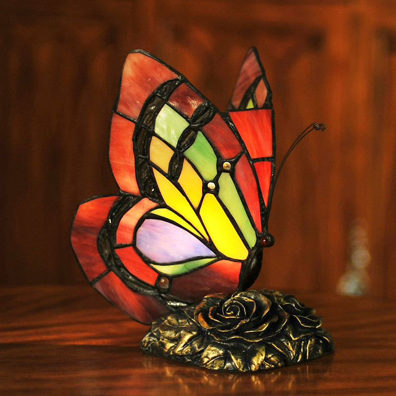 1 Light Night Light Victorian Flower Resin Table Lamp with Butterfly Cut Glass Shade in Red Clearhalo 'Lamps' 'Table Lamps' Lighting' 2029645