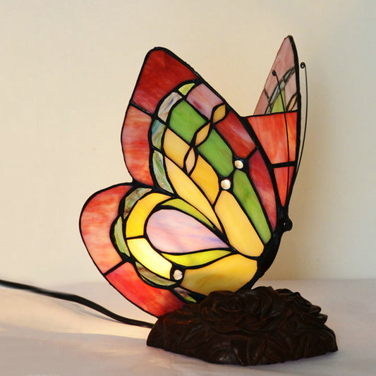 1 Light Night Light Victorian Flower Resin Table Lamp with Butterfly Cut Glass Shade in Red Clearhalo 'Lamps' 'Table Lamps' Lighting' 2029647