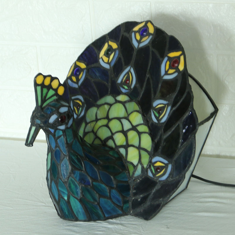 Blue 1-Head Night Lamp Mediterranean Stained Art Glass Peacock Shaped Table Lighting Blue Clearhalo 'Lamps' 'Table Lamps' Lighting' 2029648