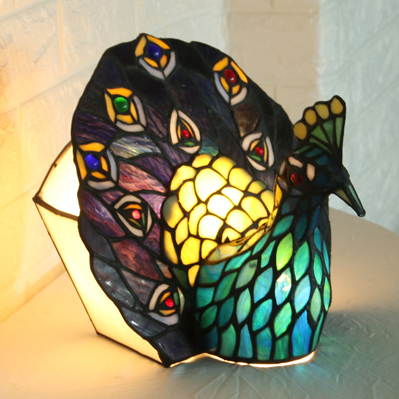 Blue 1-Head Night Lamp Mediterranean Stained Art Glass Peacock Shaped Table Lighting Clearhalo 'Lamps' 'Table Lamps' Lighting' 2029649