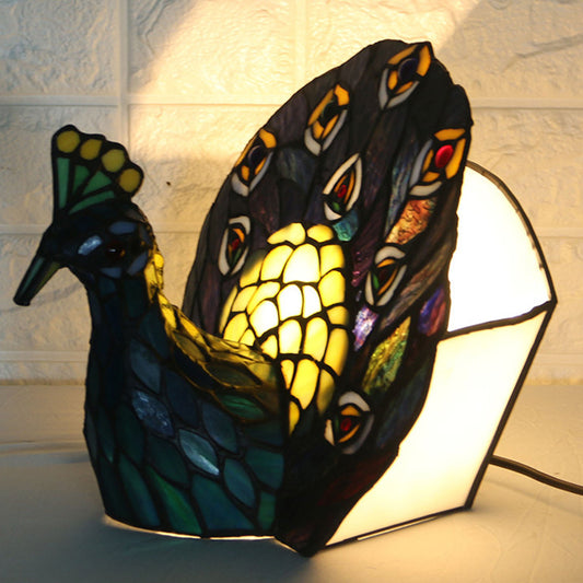 Blue 1-Head Night Lamp Mediterranean Stained Art Glass Peacock Shaped Table Lighting Clearhalo 'Lamps' 'Table Lamps' Lighting' 2029651