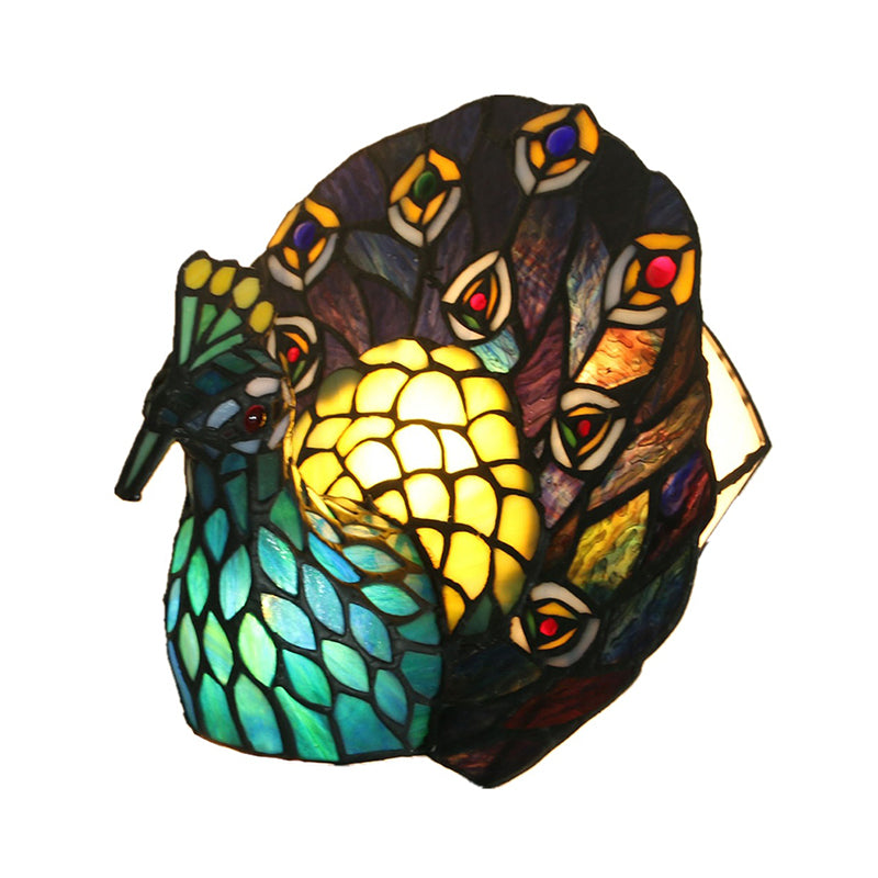 Blue 1-Head Night Lamp Mediterranean Stained Art Glass Peacock Shaped Table Lighting Clearhalo 'Lamps' 'Table Lamps' Lighting' 2029652
