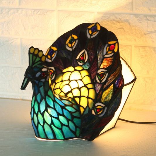 Blue 1-Head Night Lamp Mediterranean Stained Art Glass Peacock Shaped Table Lighting Clearhalo 'Lamps' 'Table Lamps' Lighting' 2029653