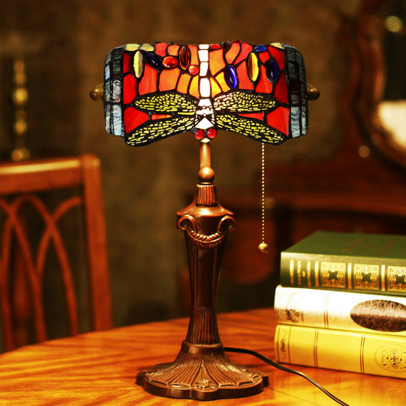 1 Light Banker Desk Lamp Mediterranean Dragonfly Hand Cut Glass Pull Chain Table Lighting in Red Clearhalo 'Lamps' 'Table Lamps' Lighting' 2029705