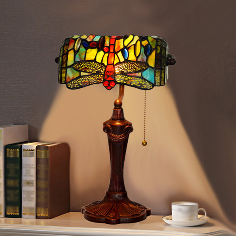 Blue 1 Bulb Banker Desk Lighting Victorian Stained Glass Dragonfly Nightstand Light with Pull Chain Blue Clearhalo 'Lamps' 'Table Lamps' Lighting' 2029709